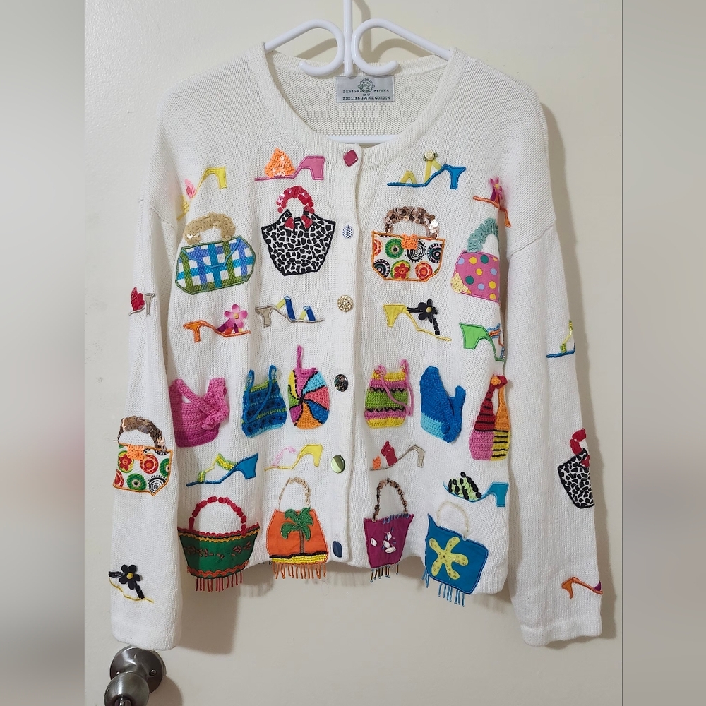 Design Options Women's Sweater with Colorful Bag + Shoe Pattern Patchwork